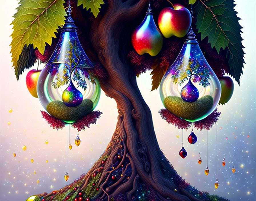 Colorful illustration of tree with lightbulb terrariums, glowing fruits, and starlit sky