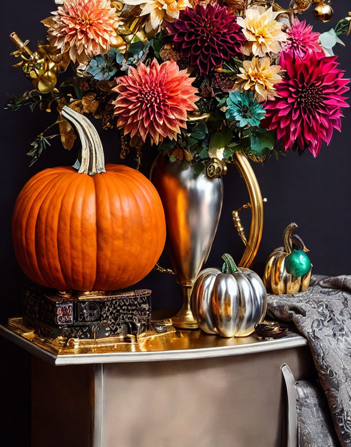 Colorful flowers and pumpkin in metallic vase still life composition