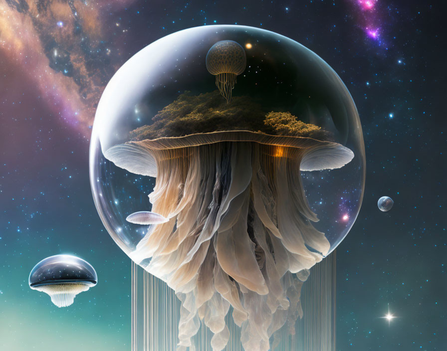 Cosmic scene with jellyfish-like structures and bubble-encased island.