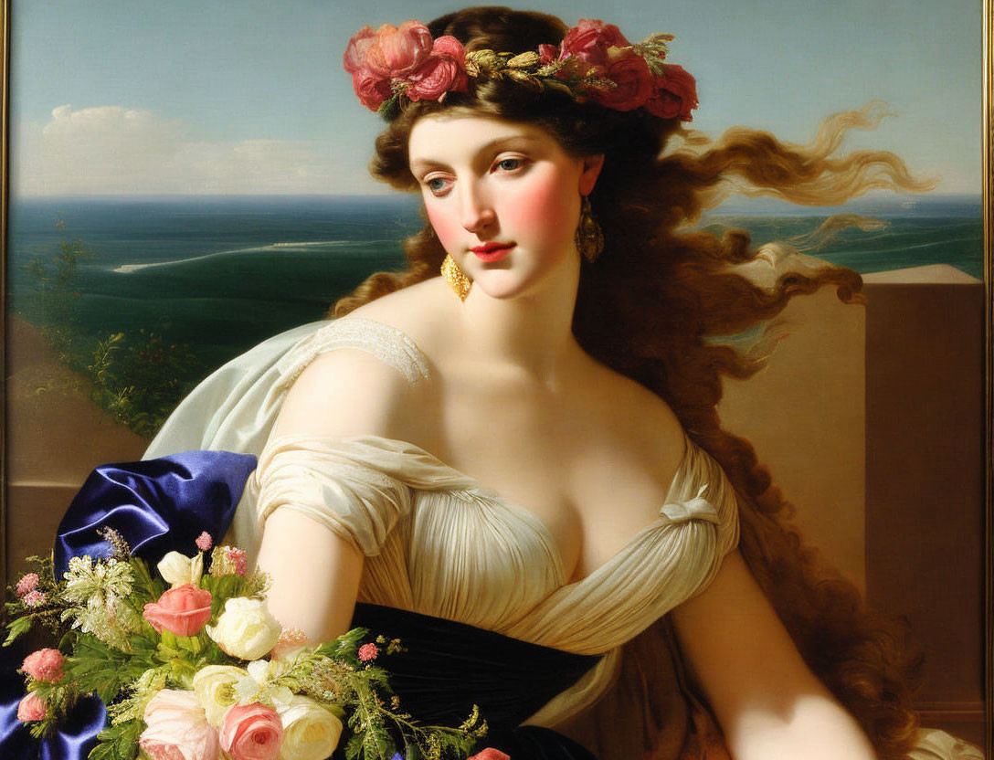 Woman with Brown Hair and Flowers in Classic Painting