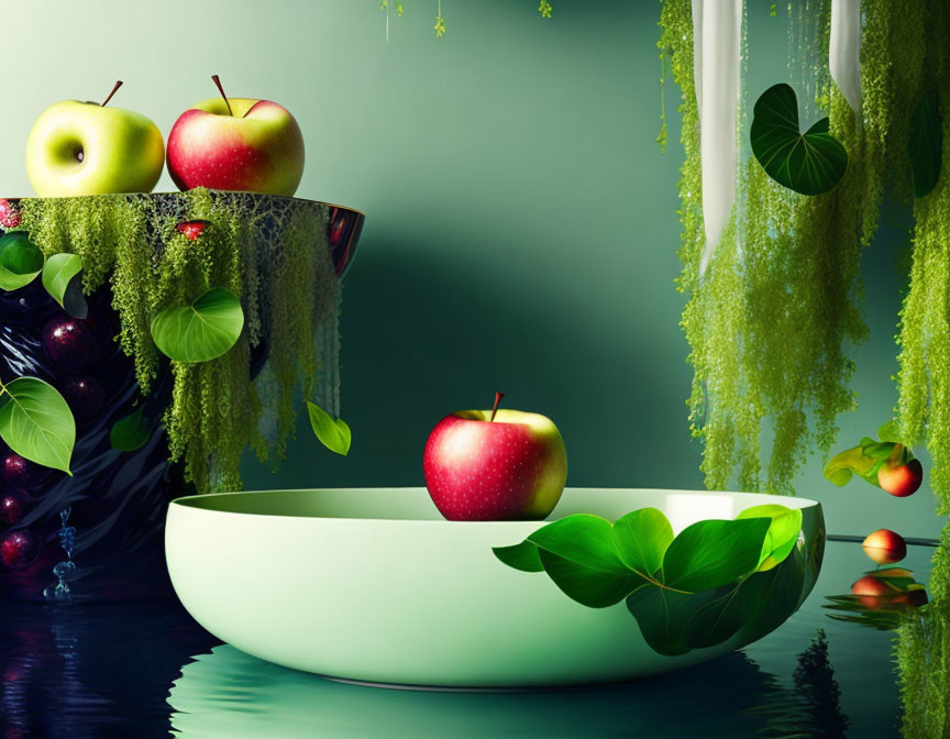 Surreal Still Life: Apples, Bowls, and Greenery on Glossy Surfaces