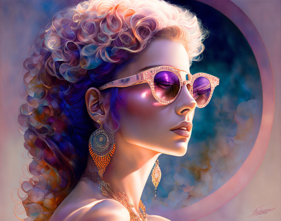 Voluminous curly hair woman in pink sunglasses portrait against colorful backdrop