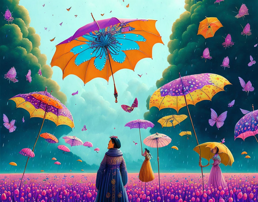 Colorful umbrellas woman and butterflies in whimsical purple field