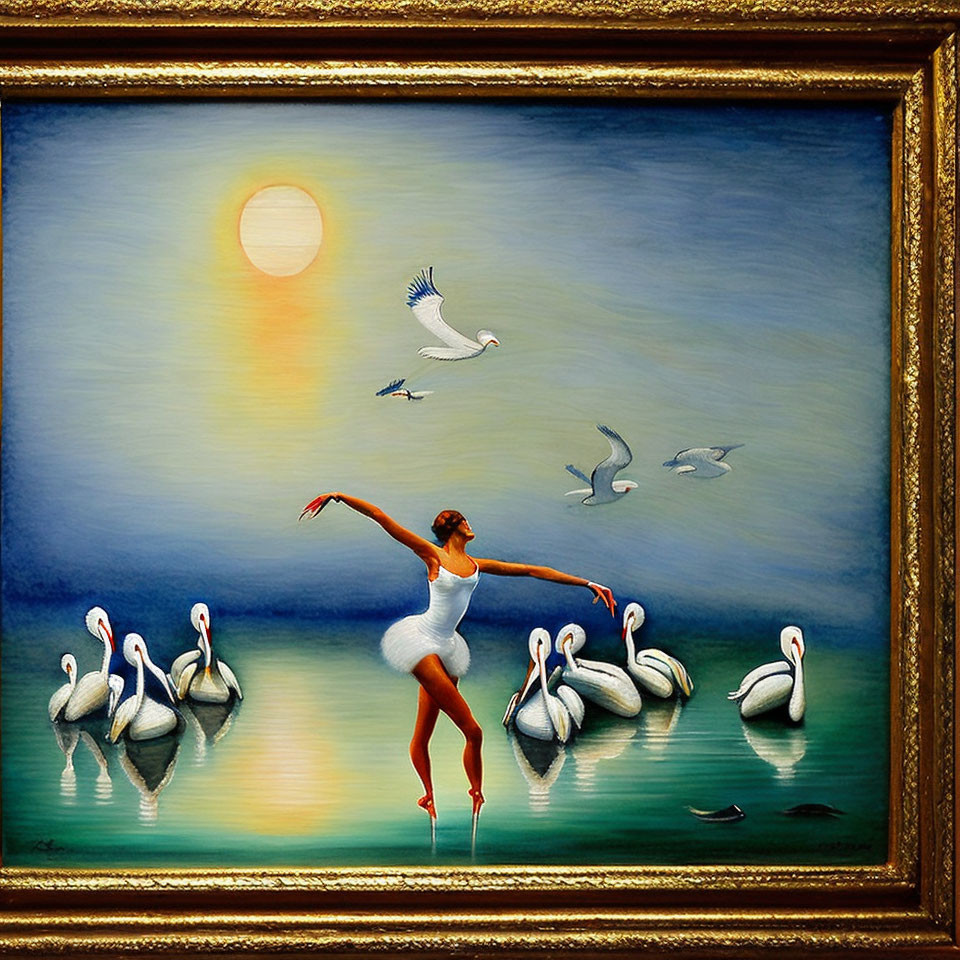Surreal painting: Ballerina, pelicans, sunset sky, seagulls