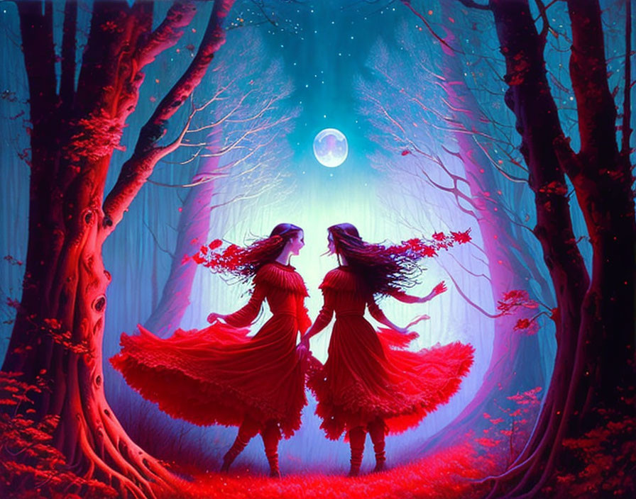 Two figures in red dresses meet in a glowing blue forest under a full moon