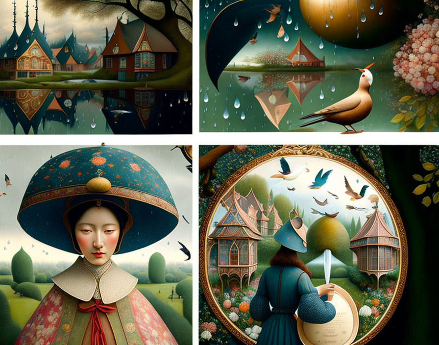 Surrealist collage with whimsical house, paper boats, Asian woman, and birds in orchard