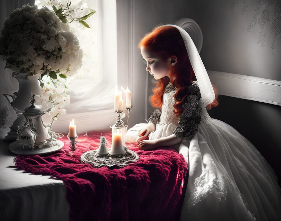 Red-haired girl in vintage white gown sits at candlelit table by window