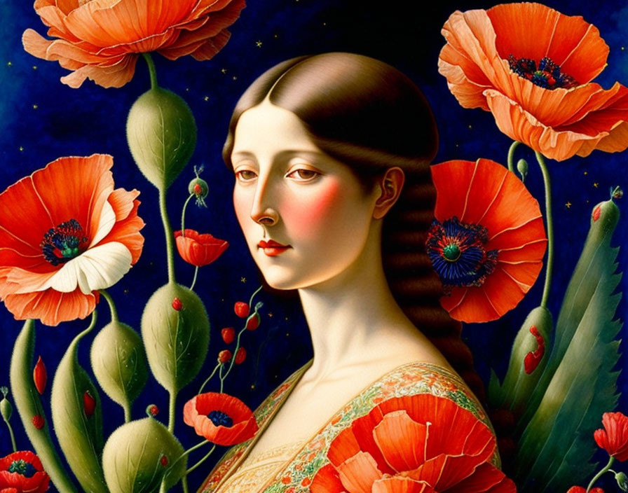 Stylized portrait of woman with red cheeks and poppies on starry night background