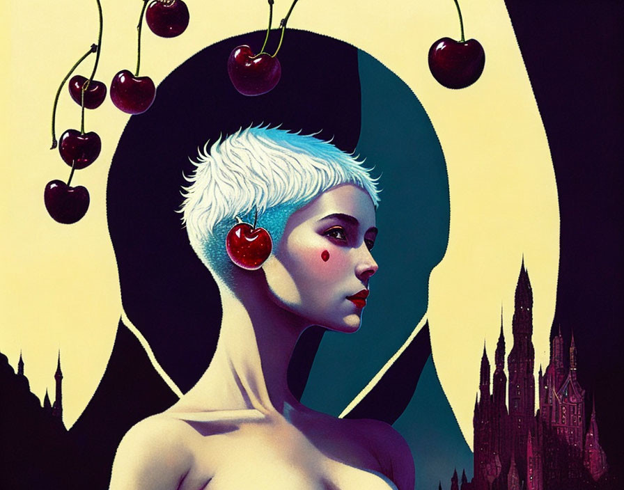 Stylized illustration of person with white hair, cherry earring, red blush spot, cherries