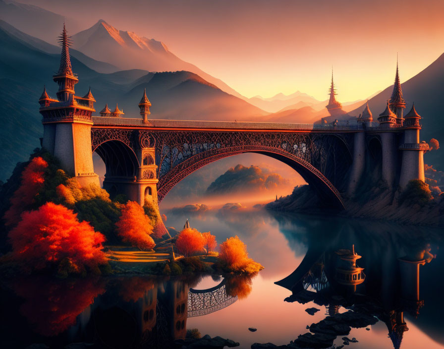 Ornate bridge over calm river in autumn sunset with pagoda and mountains