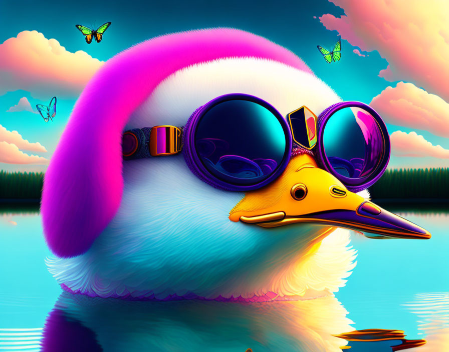 Colorful digital artwork: Stylized bird in sunglasses by a surreal lakeside.