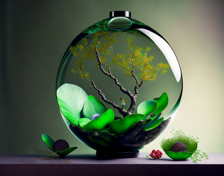 Glass terrarium with bonsai tree, flowers, butterfly on soft background