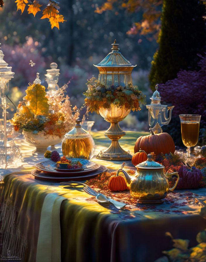 Outdoor Autumnal Table Setting with Vintage Tableware, Pumpkins, Berries, and Fall Leaves at