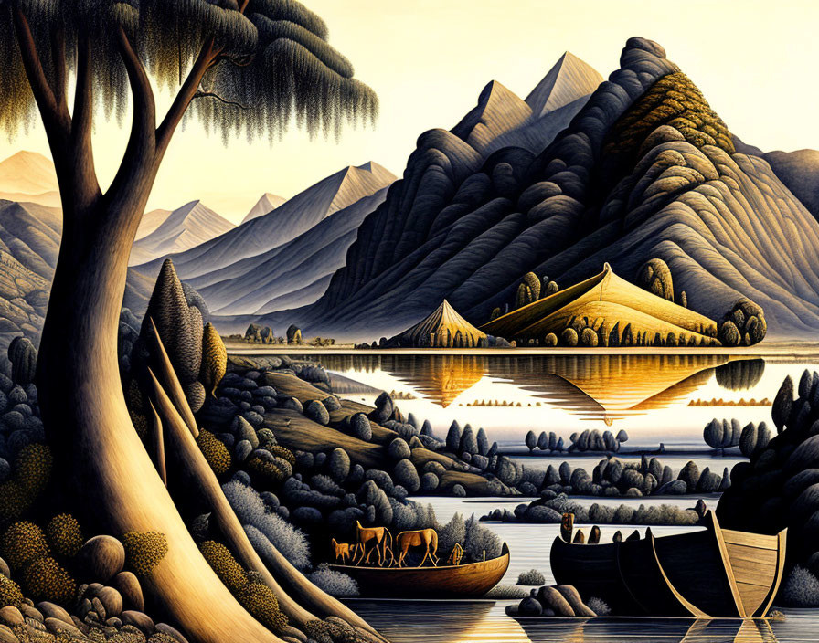 Stylized landscape painting with mountains, lake, boat, and pavilion