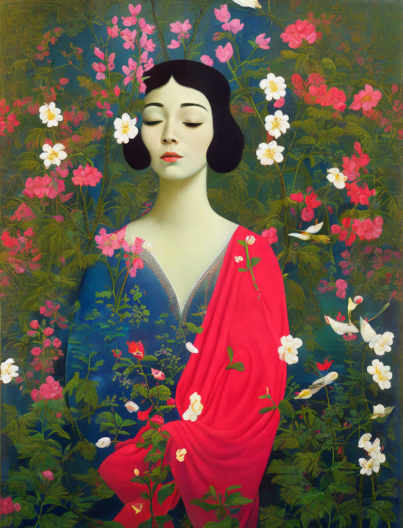 Portrait of a Woman with Bob Haircut in Red and Blue Amidst Flowers and Birds