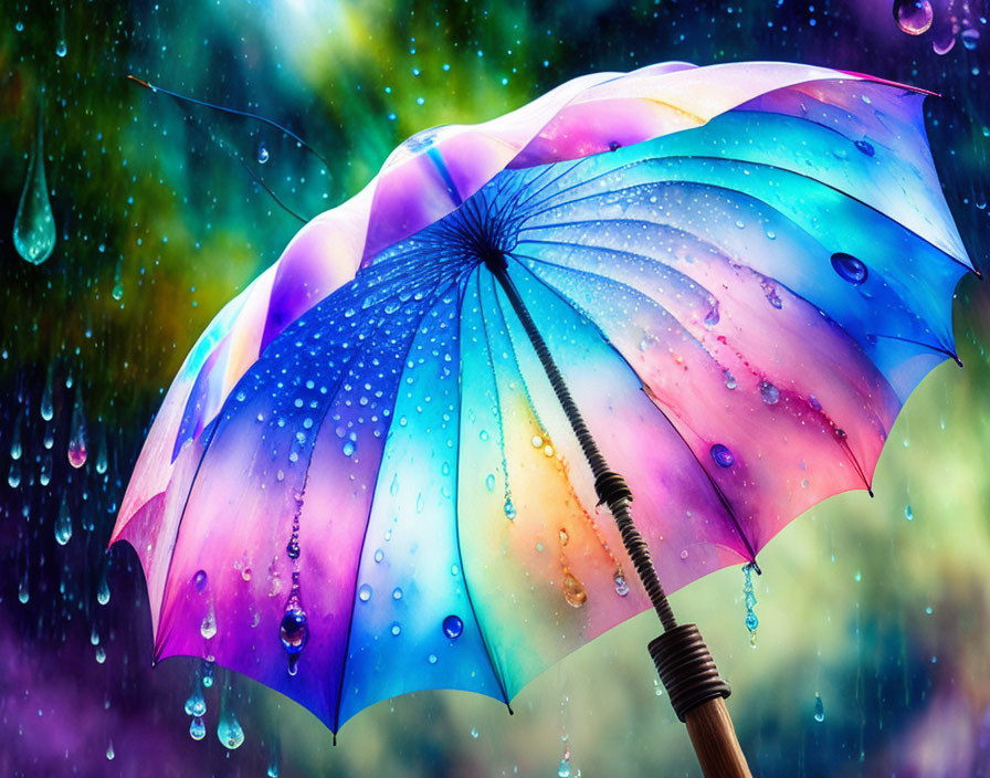 Vibrant umbrella with water droplets in rain and greenery