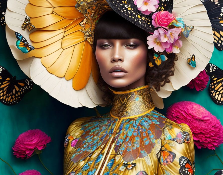 Woman with Striking Makeup and Butterfly-Adorned Hat & Outfit