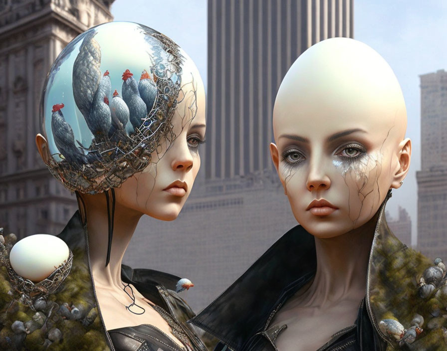 Hyperrealistic Female Mannequin Heads with Roosters and Surreal Elements