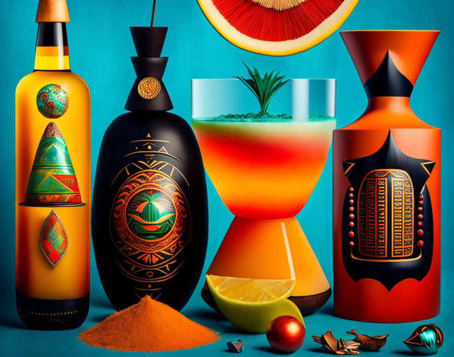 Vibrant Illustration of Stylized Bottles, Cocktail Glass, Fruits, and Sp