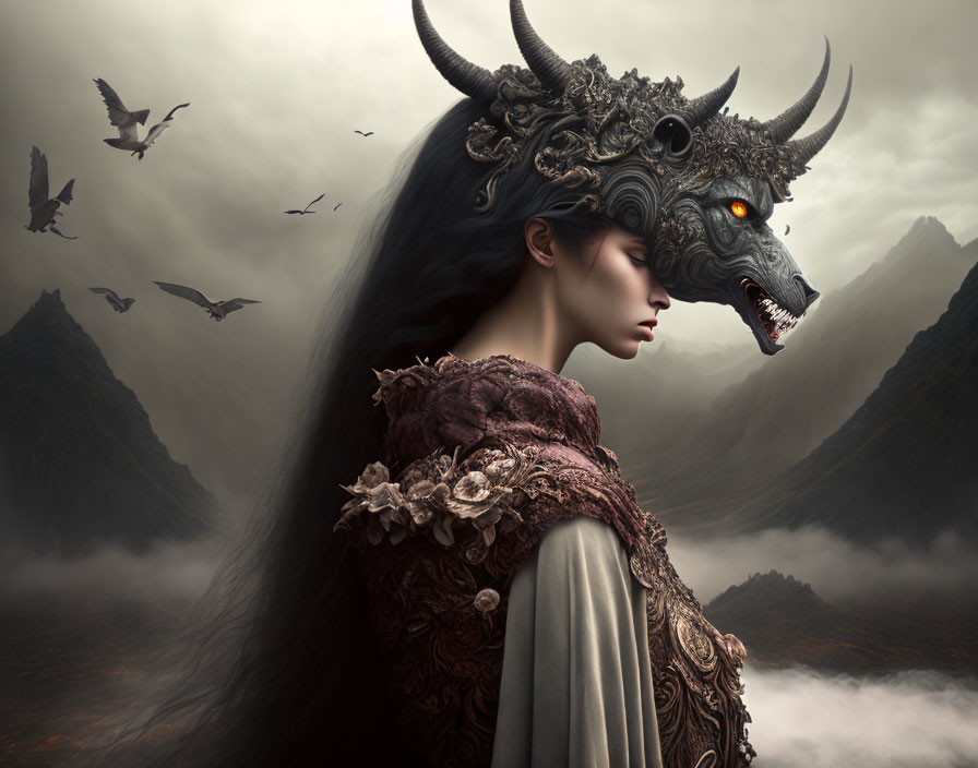 Mystical figure in dragon helmet gazes at birds in misty mountain scene