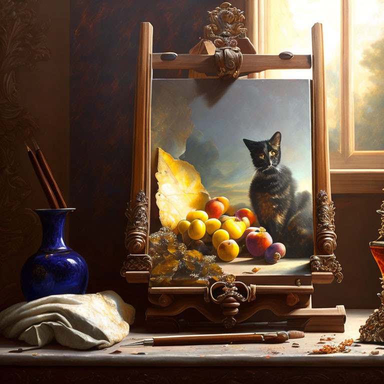 Black Cat Behind Mirrored Easel with Fruit, Vase, Cloth, and Plants