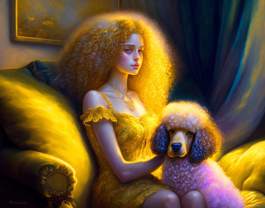 Curly-haired woman in yellow dress with poodle on couch in warm light