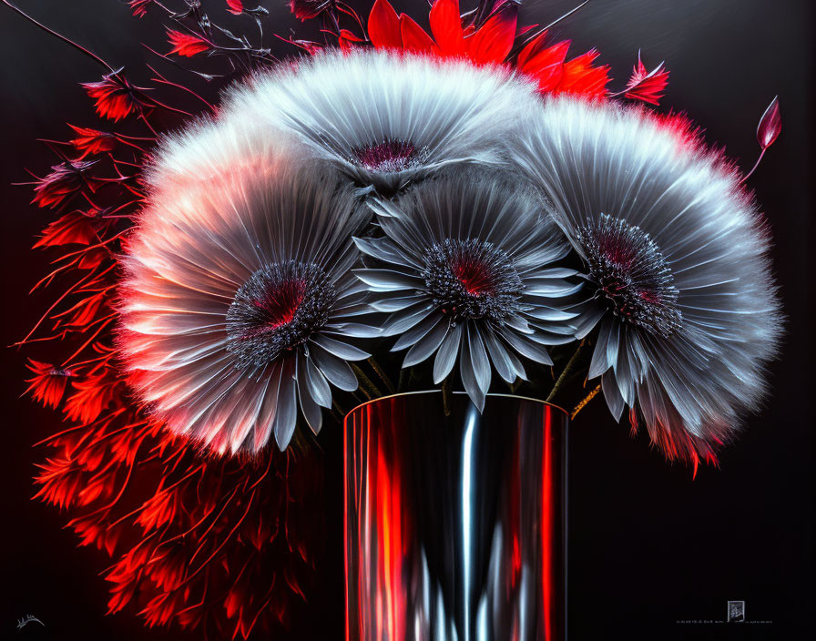 Colorful painting of dandelions in a reflective vase with red-tinted leaves.