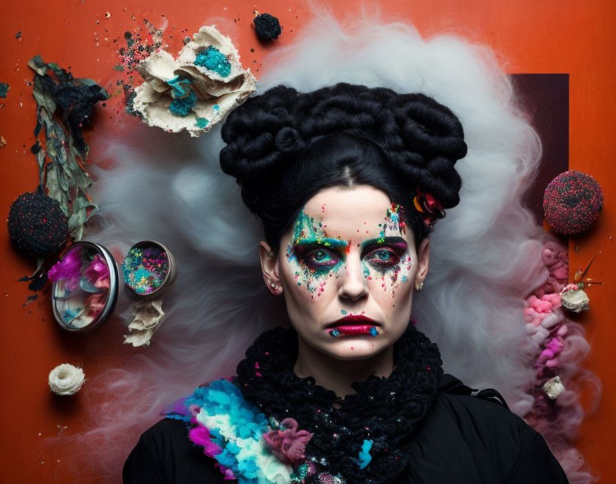 Avant-garde makeup and hair with colorful decorations on red background