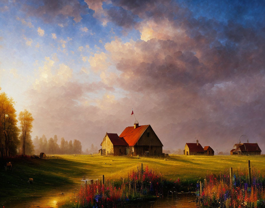 Golden sunrise over rural farmstead with vibrant wildflowers and dramatic cloudy sky