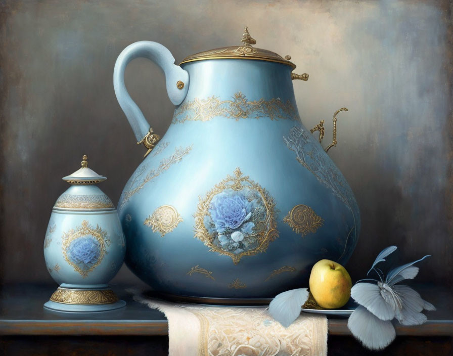 still life in pale blue and grey