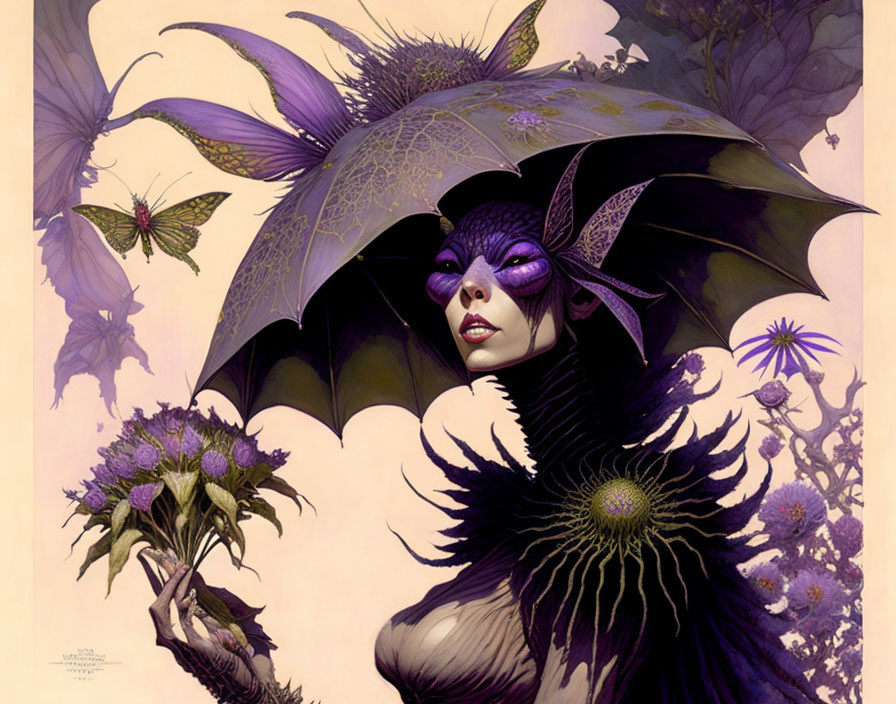 Fantasy figure with purple bat wings hair, holding flowers, surrounded by butterflies