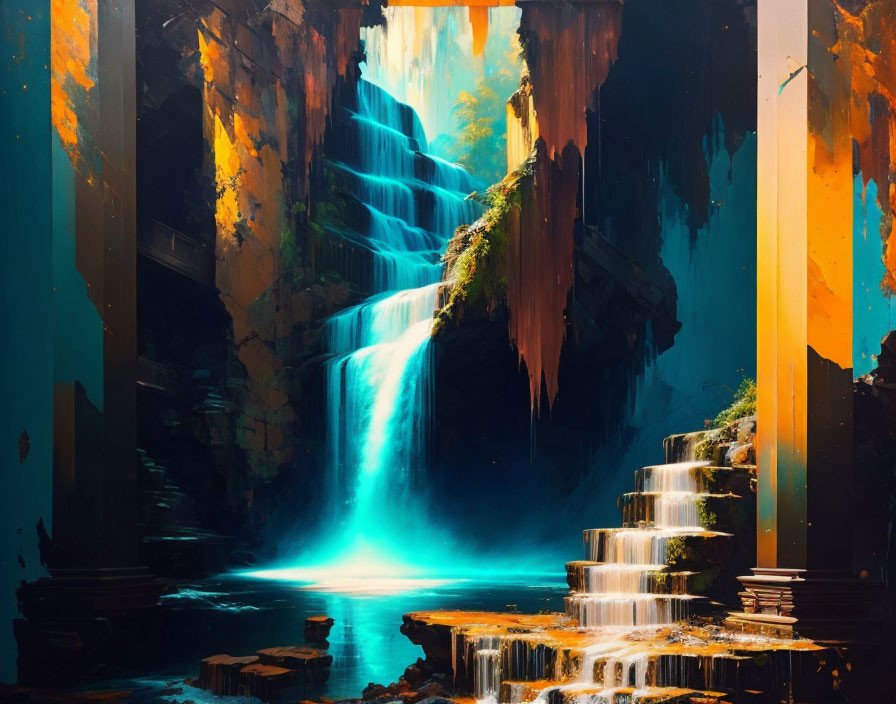 Ethereal digital artwork: Cascading waterfall in mystical cave