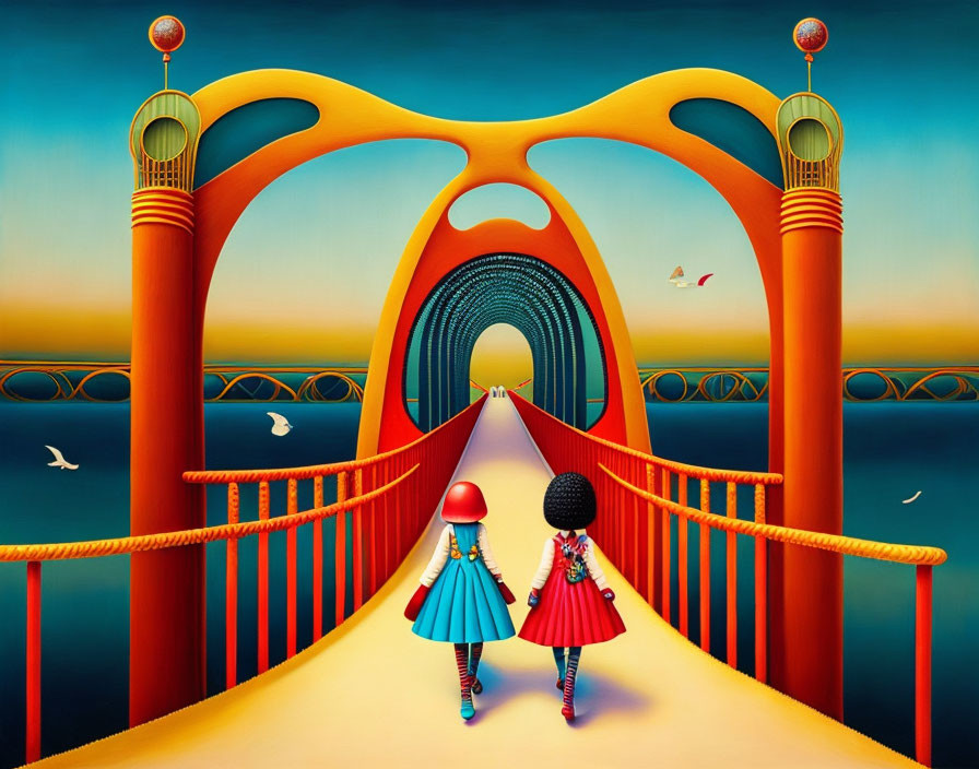Stylized children on vibrant surreal bridge with arches and birds