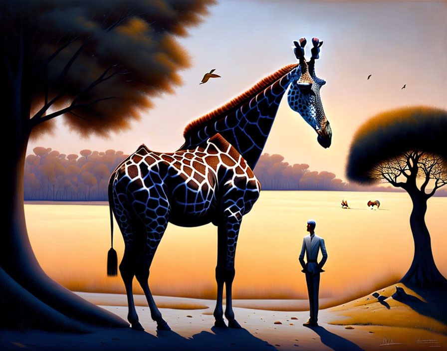 Surreal artwork: tall giraffe and man by lake at sunset