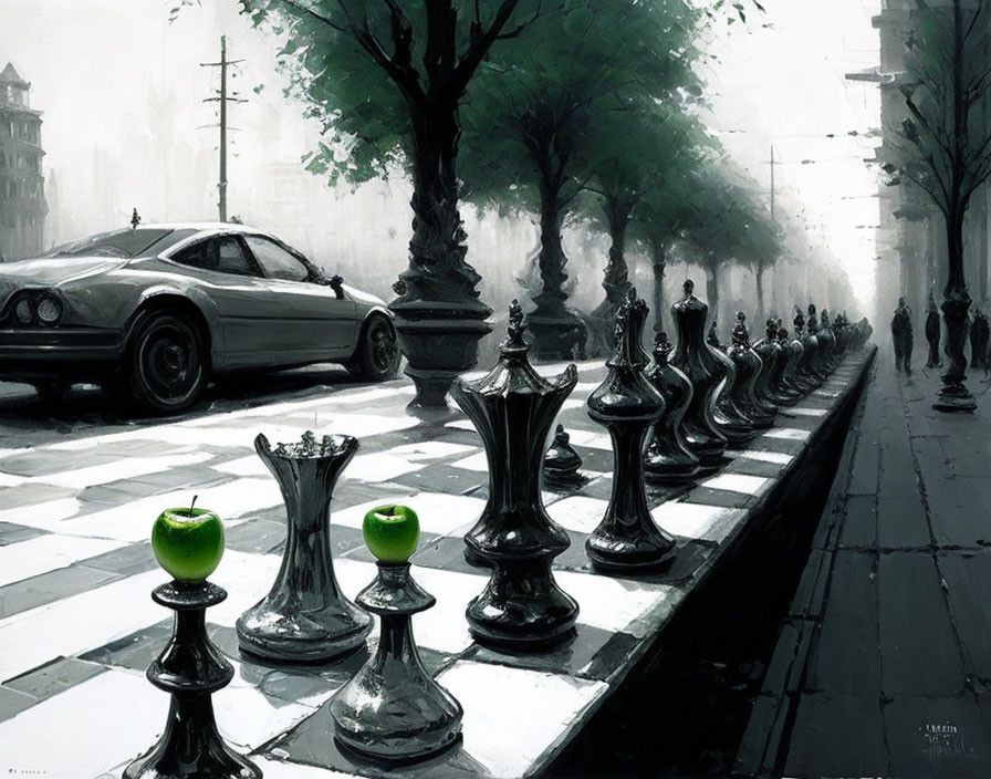 Surreal street scene with life-sized chessboard and green apple pawns