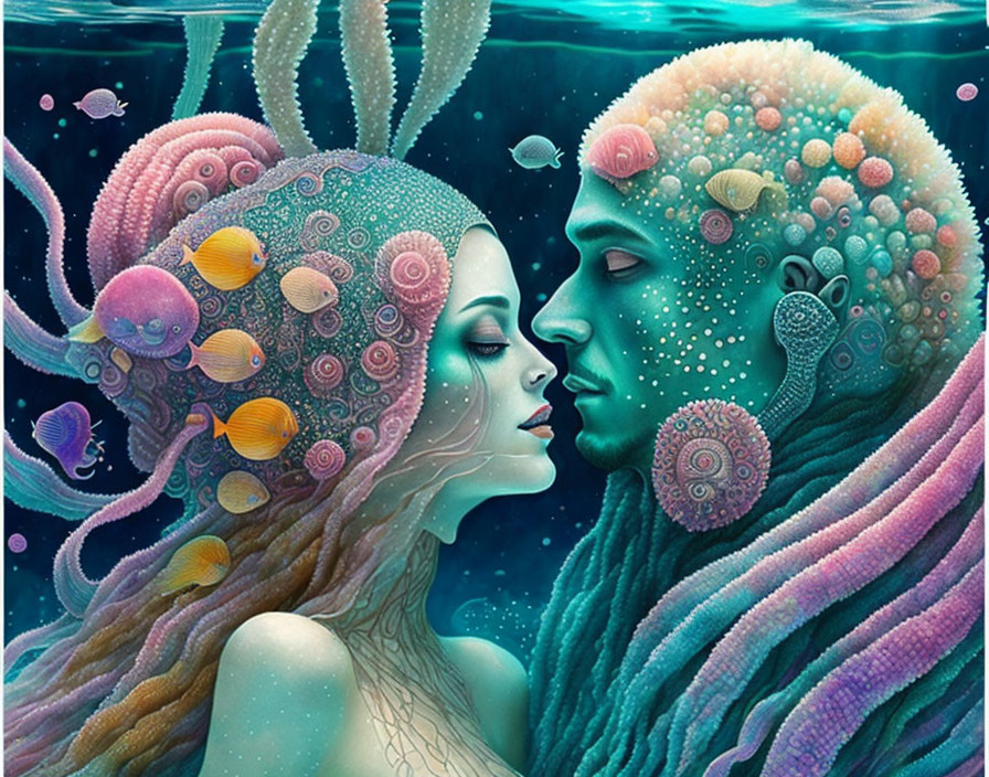 Surreal underwater illustration of figures with aquatic features and vibrant sea life integration.