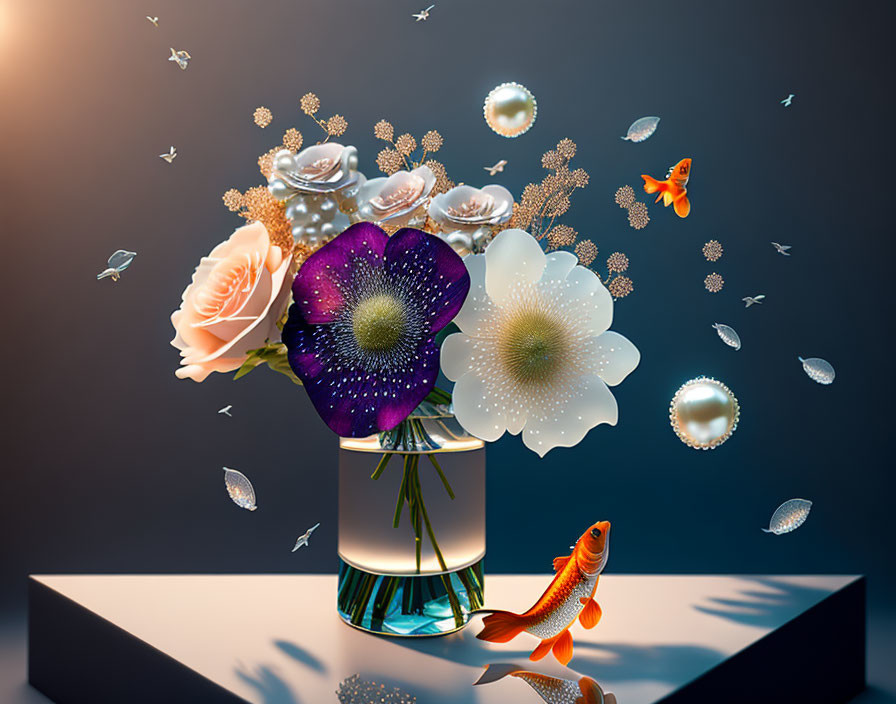 Colorful digital artwork: vase, oversized flowers, bubbles, goldfish in mid-air, moody