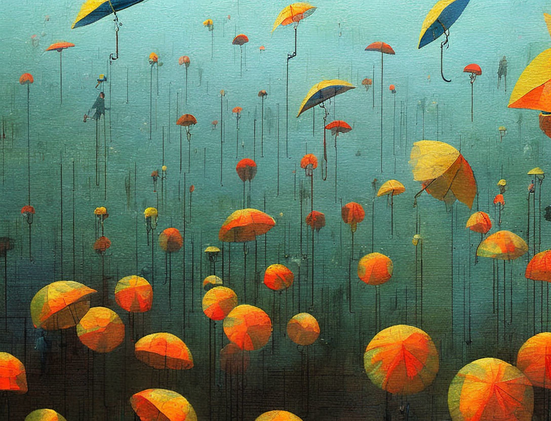 Vibrant umbrellas against textured turquoise backdrop