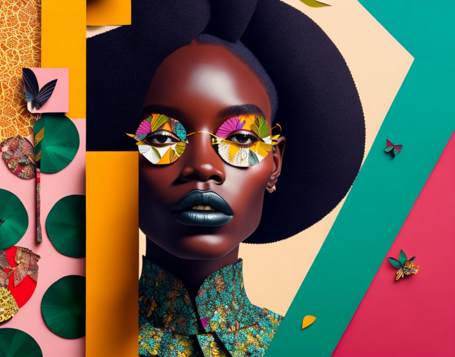 Dark-skinned woman in black hat & butterfly sunglasses against vibrant backdrop