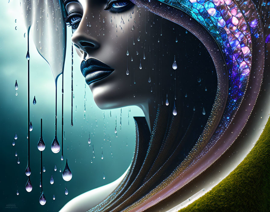 Digital Artwork: Woman's Face with Shimmering Skin and Teardrops