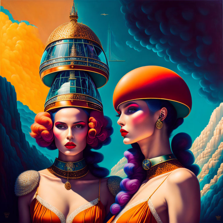 Two women in futuristic outfits with surreal background and tower-like structure