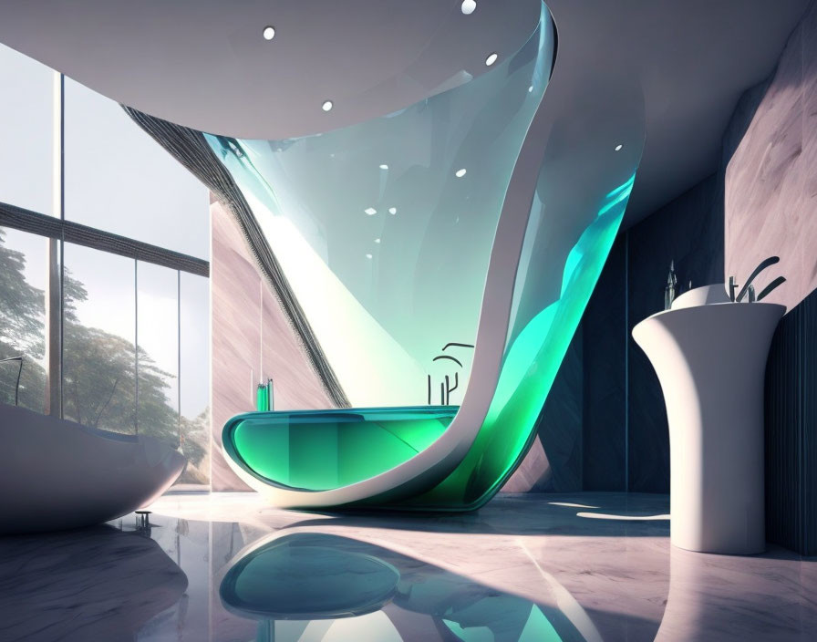 Elegant modern interior with green glass structure & reflective floors