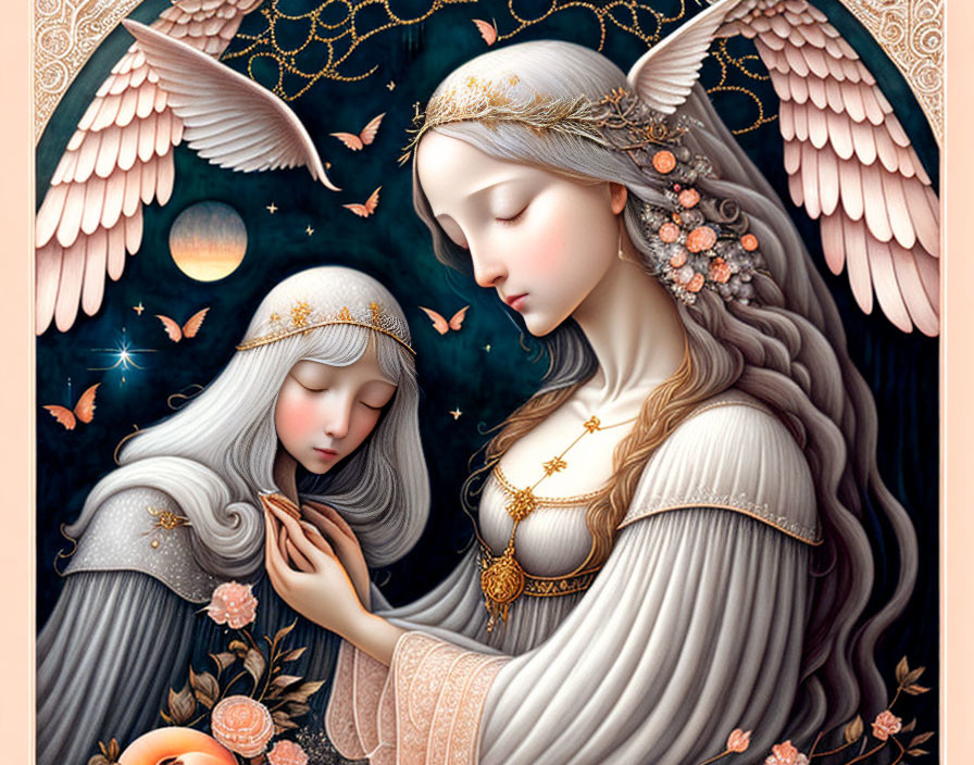 Golden floral angels with butterflies: an artistic illustration.