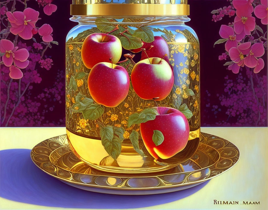 Digital Art: Red Apples in Transparent Jar with Golden Floral Patterns on Golden Saucer