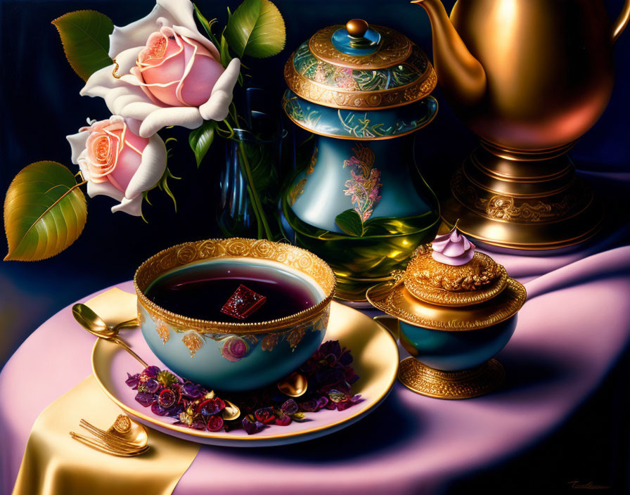 Floral-themed still life with tea set and white rose on table