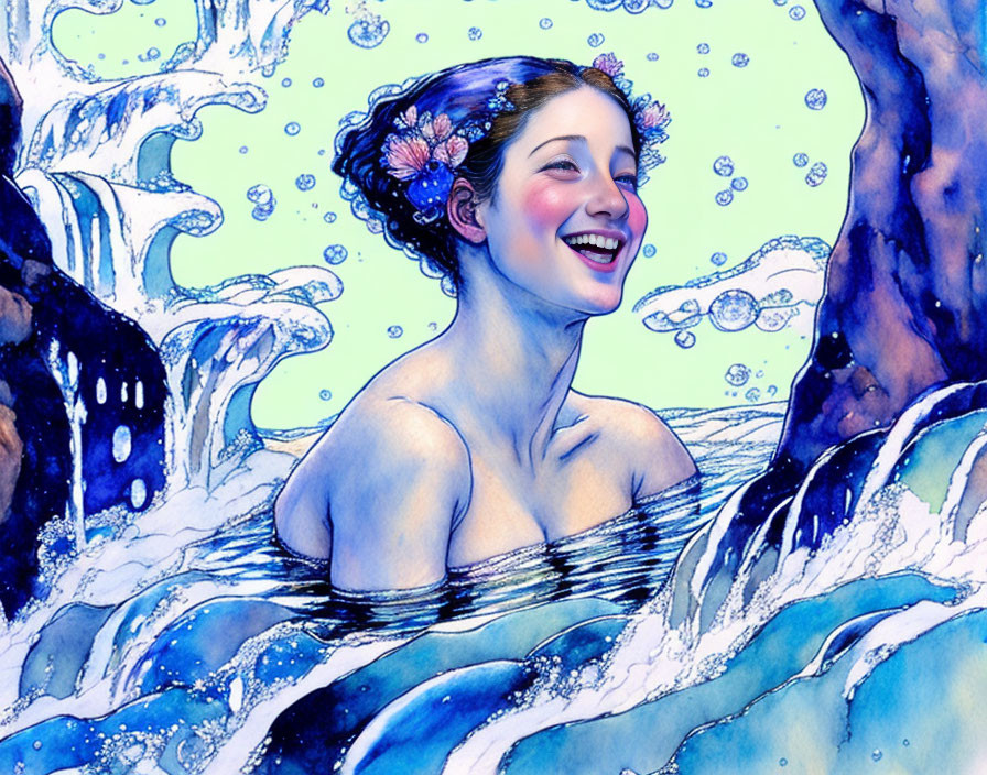 Woman with Flowers Submerged in Water Among Blue and White Waves