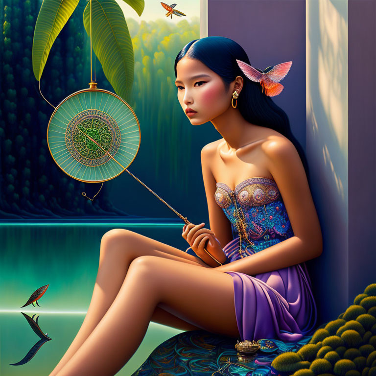 Young woman with dreamcatcher by tranquil waters and lush foliage, surrounded by vibrant butterfly