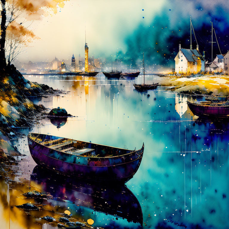 Colorful Painting of Serene Waterfront Scene at Dusk