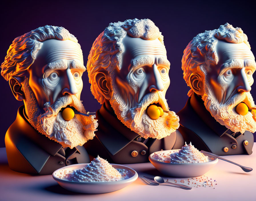 Three stylized 3D figures eating spheres with spoons