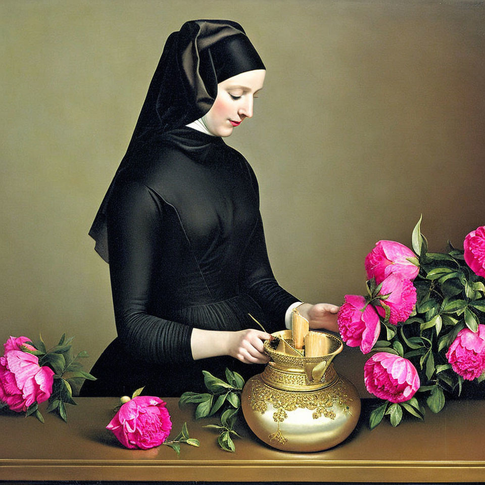 Woman in black headscarf with golden vessel and pink roses on table